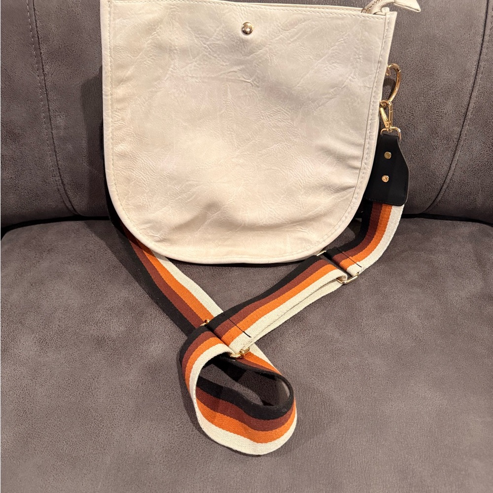 Chic White Bag with Multicolor Strap